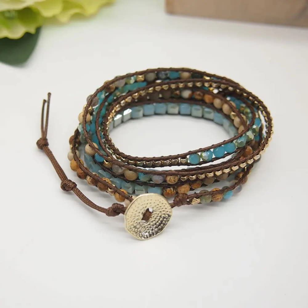 Creative New Design Natural Druzy Stone Bead 5 Wraps Statement Boho Crystal Bracelet Jewelry